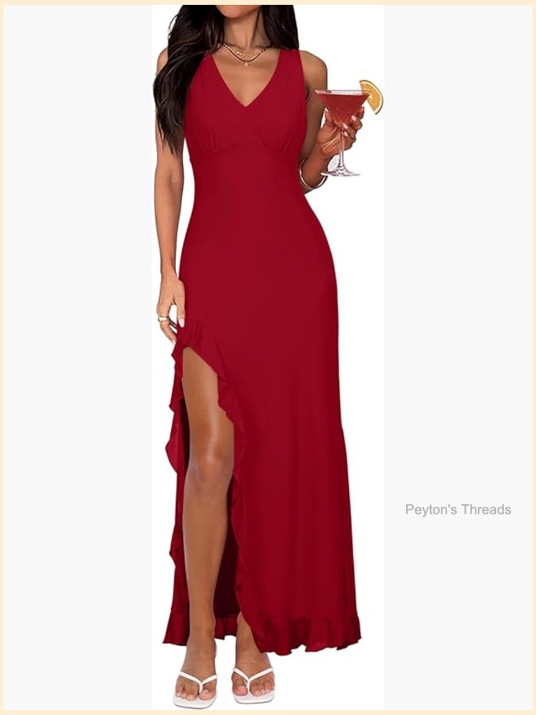 Sleeveless Mesh Ruffle Hem Bodycon Midi Dress With Slit